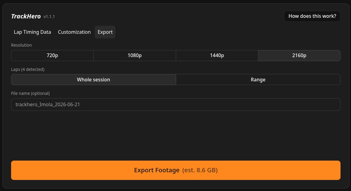 Export panel with resolution, lap range, and file size estimate