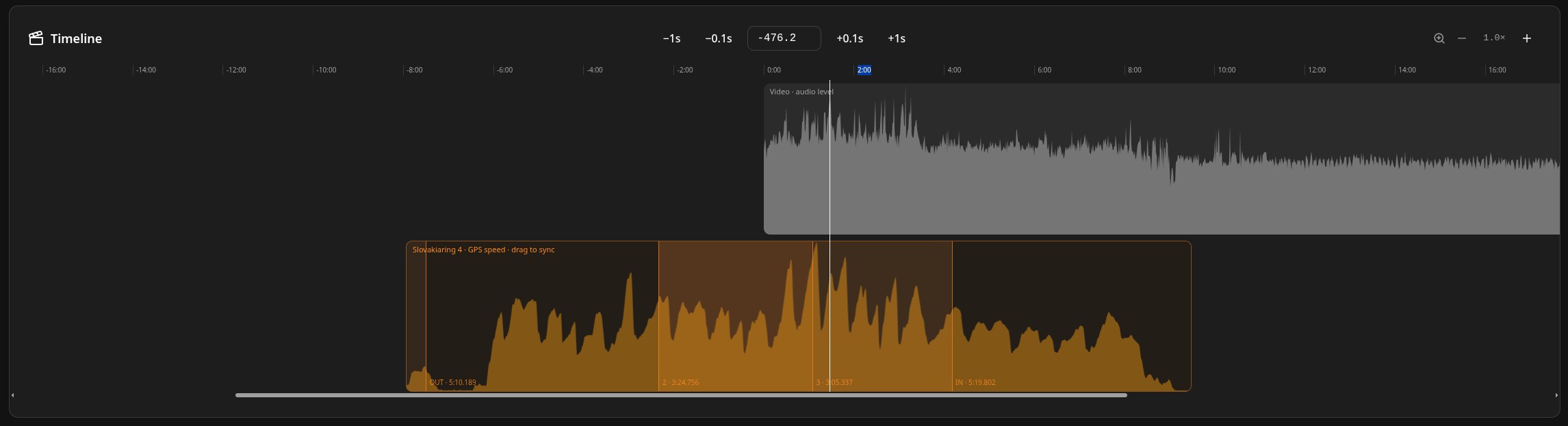 Dual-track sync timeline aligning video audio with GPS speed